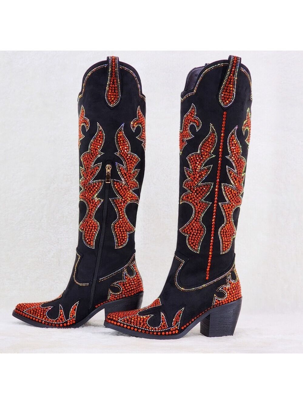 NIB Harley Girl Country Western Cowgirl Knee Boots Rhinestones Black Orange
